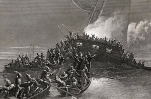 J.ロジャースによって彫刻された1772年のロードアイランド海域におけるスクーナーガスペの破壊 作： J. McNevin